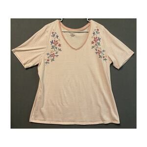 Lane Bryant Shirt Womens 18/20 Pink White Striped Embroidered Floral V Neck Top